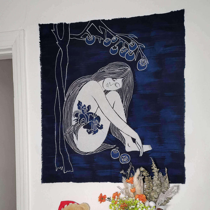Indigo Cotton Batik Tapestry Wall Hanging - Dream, Hanging on Door