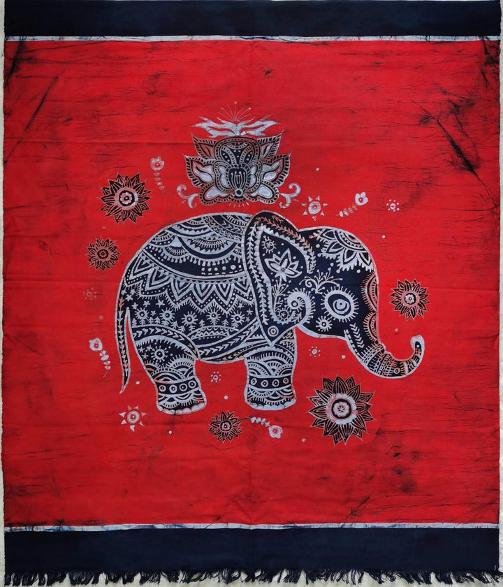 Batik Cotton Tapestry with Rod Pocket and Tassels - Red Lucky Elephant