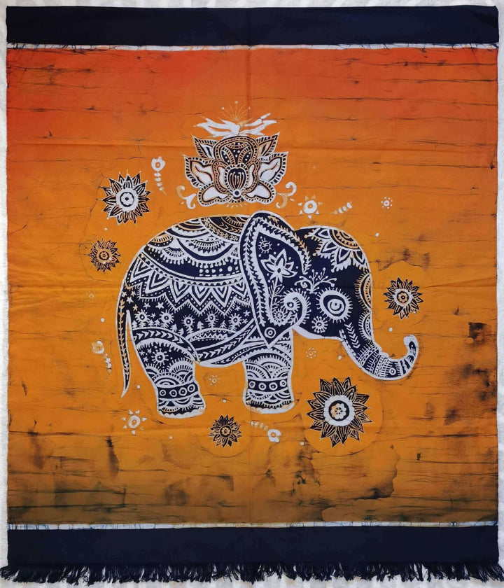 Batik Cotton Tapestry with Rod Pocket and Tassels - Orang Lucky Elephant
