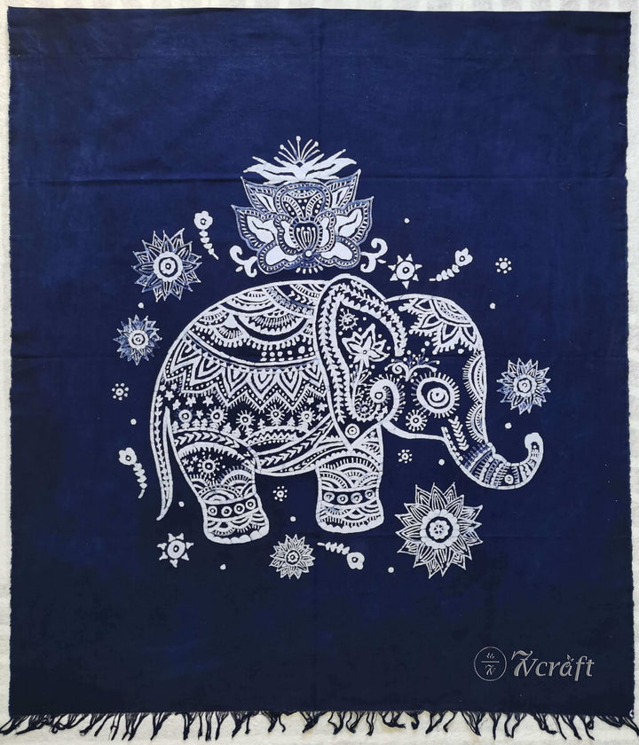 Batik Cotton Tapestry with Rod Pocket and Tassels - Indigo Lucky Elephant