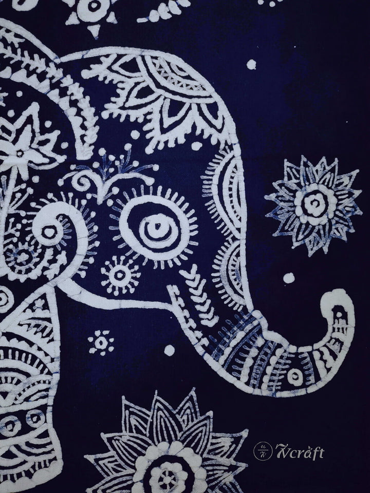 Batik Cotton Tapestry with Rod Pocket and Tassels - Indigo Lucky Elephant Details