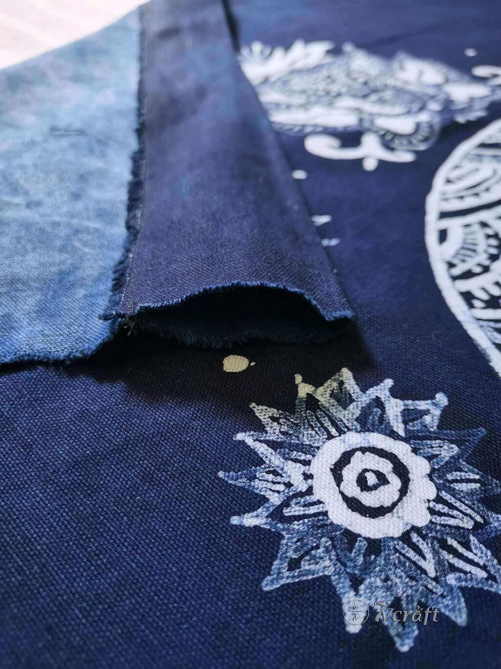Batik Cotton Tapestry with Rod Pocket and Tassels - Indigo Lucky Elephant, Rod Pocket Details