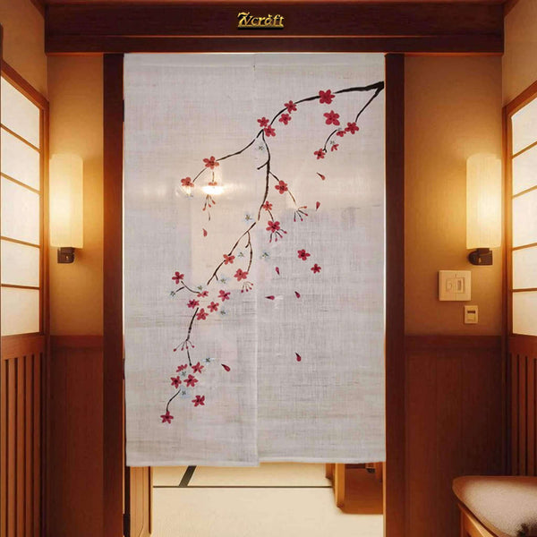 あさ (Linen Ramie) Noren/Hand-Painted Plum Blossom Door Curtain/35x59in/Hanging on Door at Night