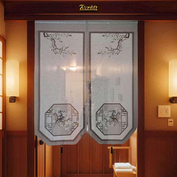 Mid-Length Organza Noren Door Curtain - Melody of Birds and Flowers, Hanging on Door at Night