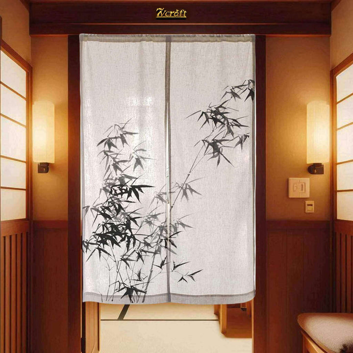 Japanese Noren Curtain/Sumi-e Bamboo/Linen Polyester Room Divider/Hanging on Door at Night