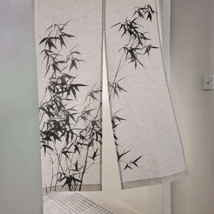Japanese Noren Curtain/Sumi-e Bamboo/Linen Polyester Room Divider/Hanging on Door/Backlight