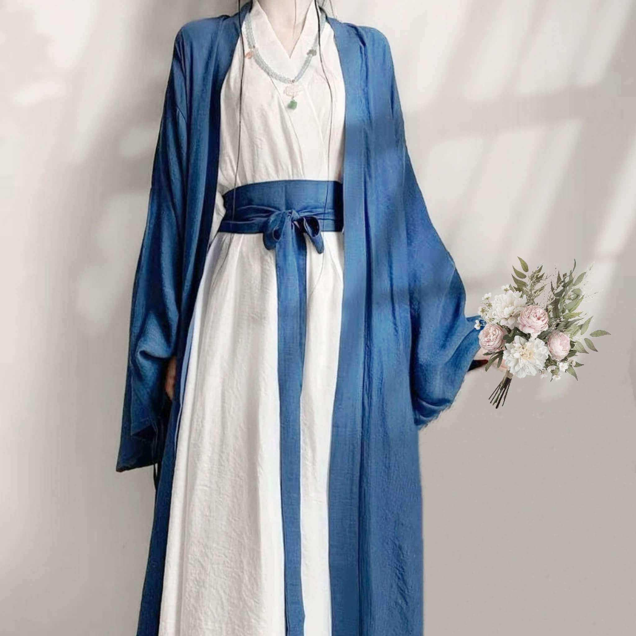 Hanfu Inner Robe Hanfu Dress, Ancient China Song Dynasty Traditional Costume, Blue+Whit ...