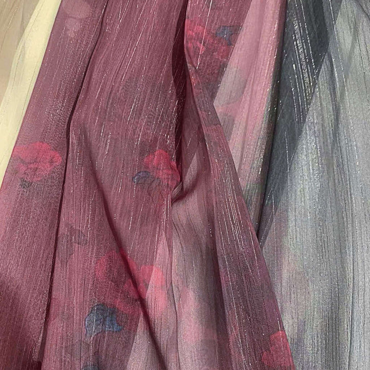 Hanfu Dress Set, 3-Piece Outfit (2 Tops + 1 Skirt), Perspective Fabric with Silver Wire