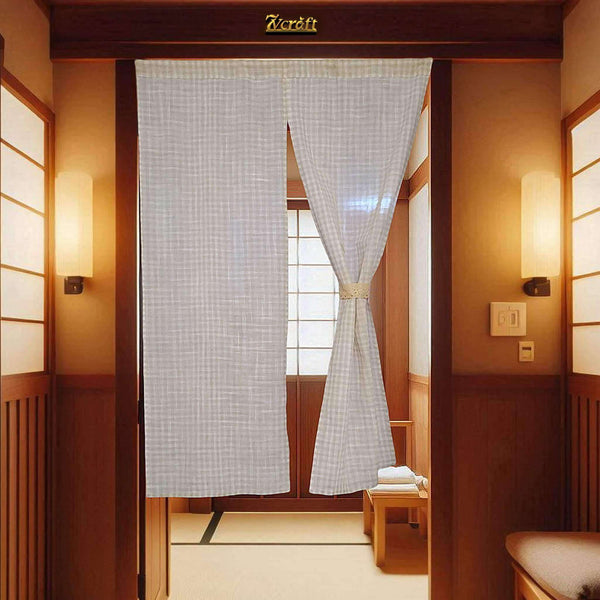 Natural Beige Plaid Linen Noren Curtain/Checkered Room Divider/4 Sizes/Hanging on Door at Night