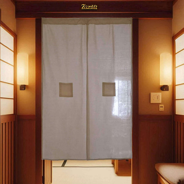 Natural Beige Cotton Hemp Noren Curtain, Room Divider with Pockets, Hanging on Door