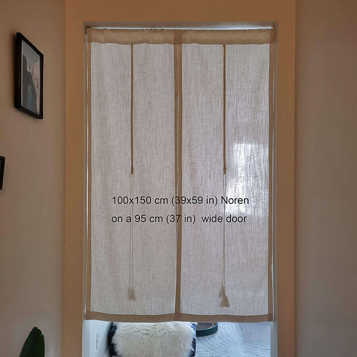 Linen-Polyester Noren Door Curtain 39x59in with Tiebacks, Displayed on 37in Door