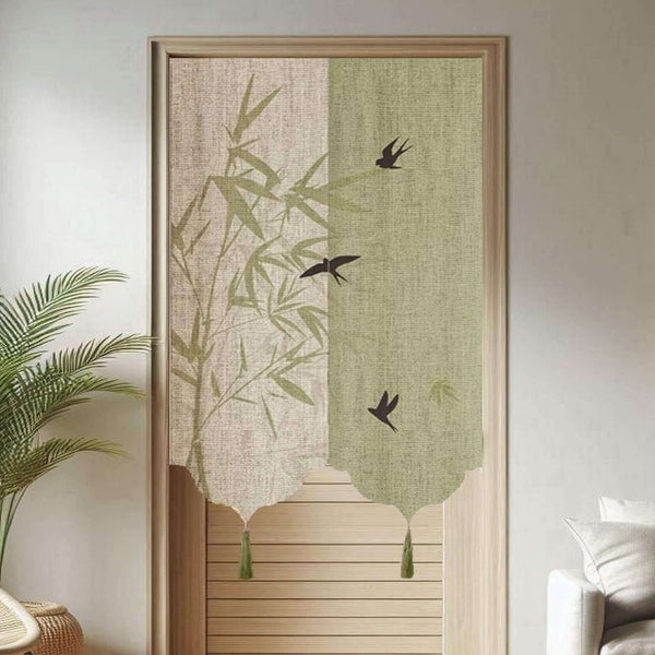 Japanese Noren Curtain, Hand-Printed Bamboo Room Divider, Hanging on Door