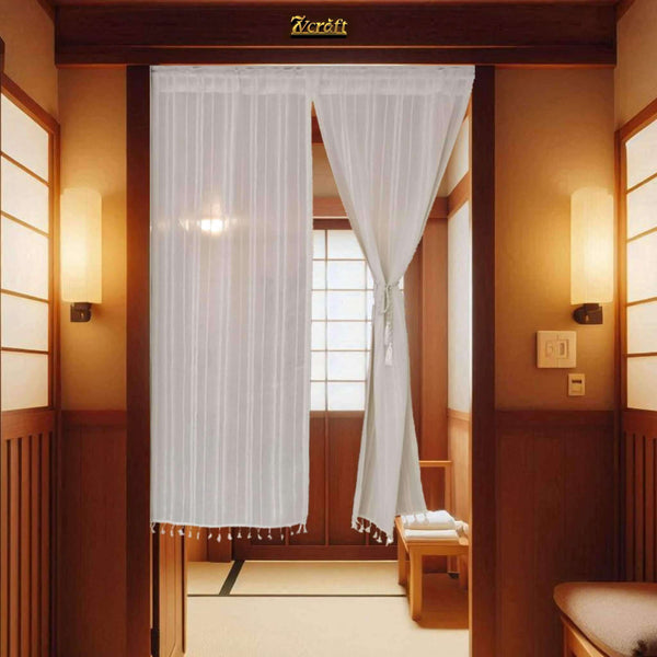 Striped Linen Noren Door Curtain Tied Up One Panel, Hanging on Door