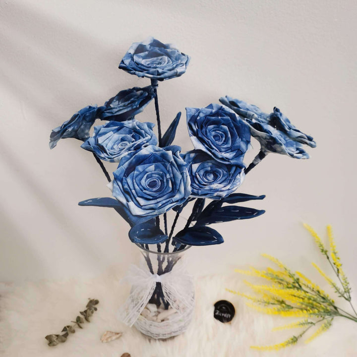 Tie Dye Blue Fabric Roses, Handmade Indigo Cotton Flower Bouquet in glass vase