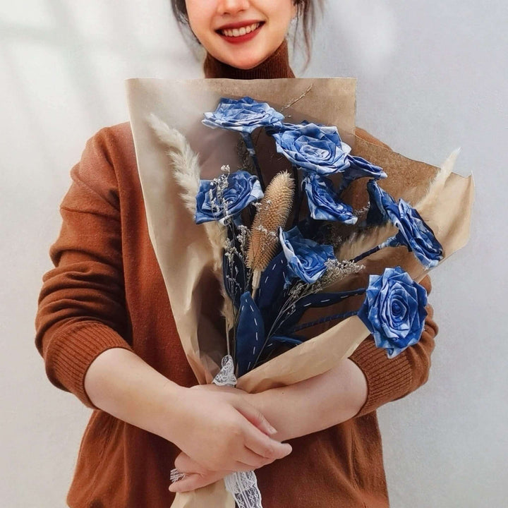 Tie Dye Blue Fabric Roses, Packaged Bouquet of Handmade Indigo Cotton Flowers