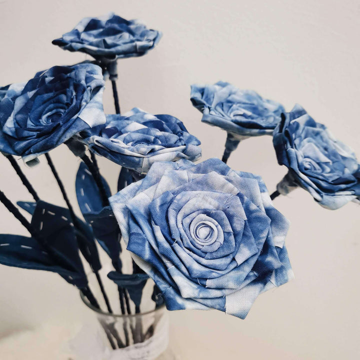 Tie Dye Blue Fabric Roses, Handmade Indigo Cotton Flower Details