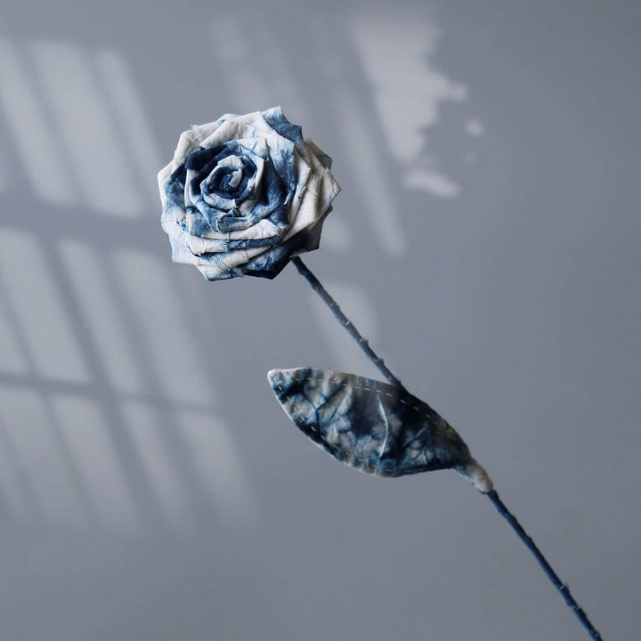 One Tie Dye Blue Fabric Roses, Handmade Indigo Cotton Flower