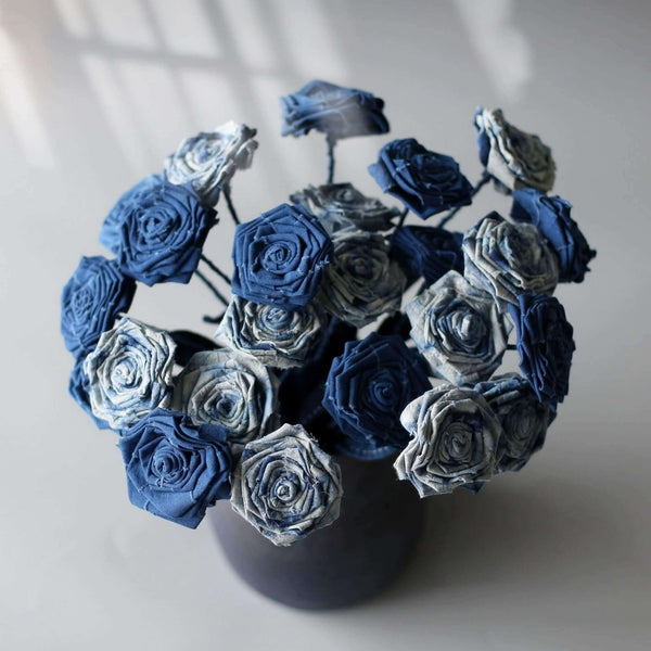Tie Dye Blue Fabric Roses, Handmade Indigo Cotton Flower Bouquet, Set of 24