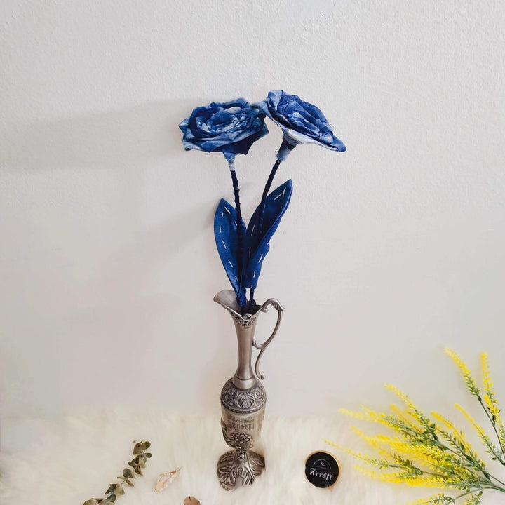 Tie Dye Blue Fabric Roses, 2 Handmade Indigo Cotton Flower Bouquet in vase