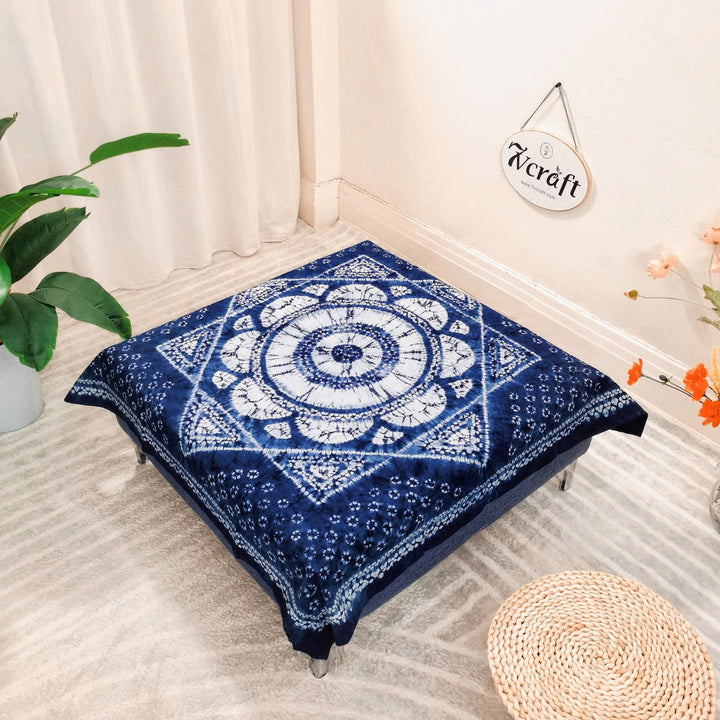 Square Tablecloth, Indigo Cotton Tie-Dye Shibori Table Cover 88cm on Coffee Table