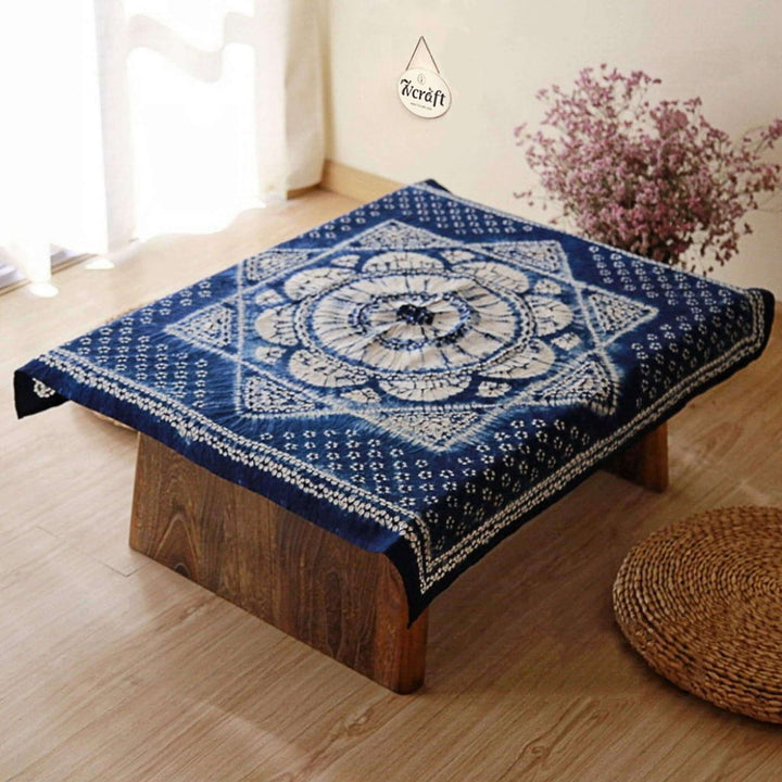 Square Tablecloth, Indigo Tie-Dye Shibori Table Cover on Table