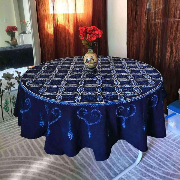 Hand Dyed Shibori Cotton Tablecloth, Round Tie Dye Indigo Table Cover 55in, Hand Embroidery