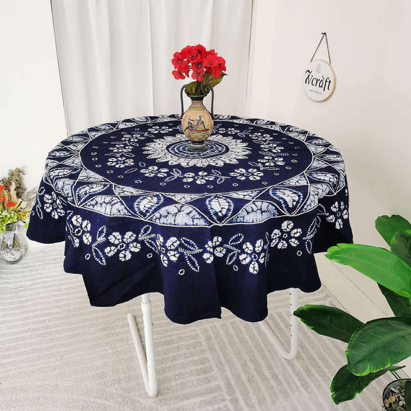 Round Tie-Dye Cotton Tablecloth, Indigo Shibori Table Cover 55in with Embroidery