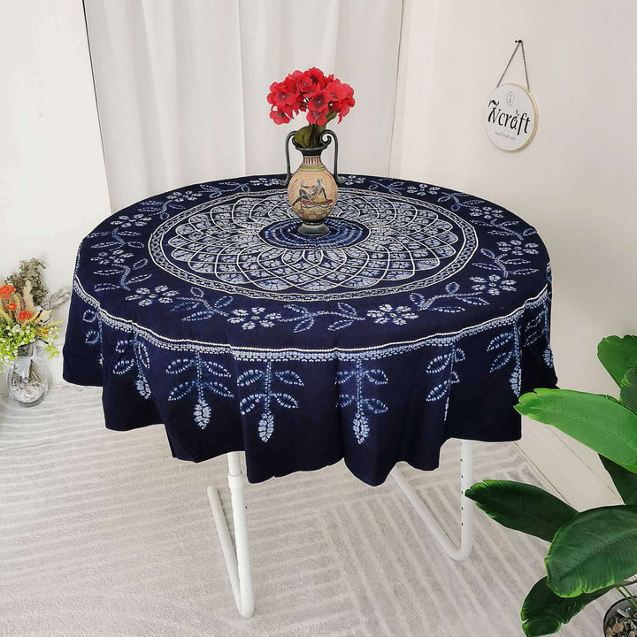 Indigo Tie-Dye Round Cotton Tablecloth, Shibori Hand-Dyed Table Cover 55'' with Embroidery