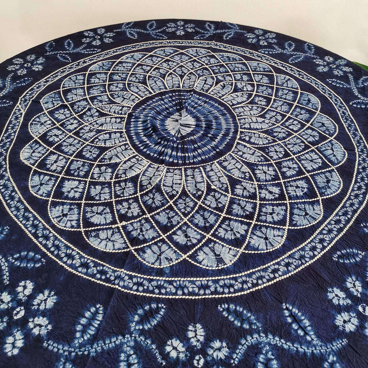 Indigo Tie-Dye Round Cotton Tablecloth, Shibori Hand-Dyed Table Cover with Embroidery