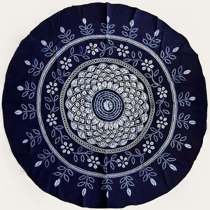 Indigo Tie-Dye Round Cotton Tableclothr 55'' with Embroidery