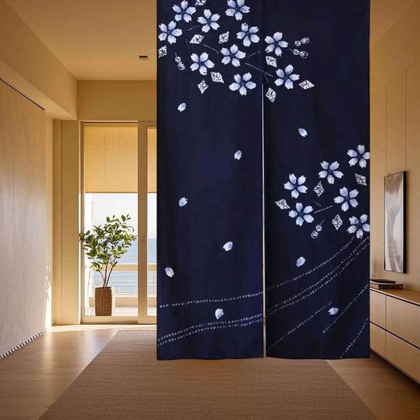 Japanese Cherry Blossom Shibori Noren / Tie Dye Cotton Door Curtain, Hanging on Ceiling