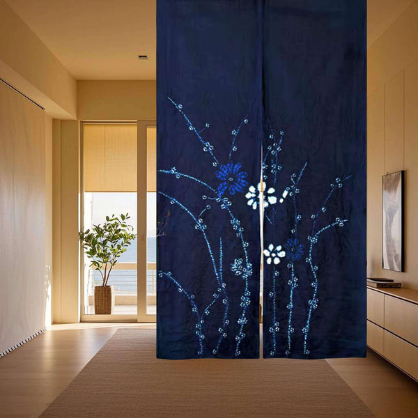 Japanese Plum Blossom Noren/Shibori Tie Dye Cotton Door Curtain/33x59in, Hanging on Ceiling