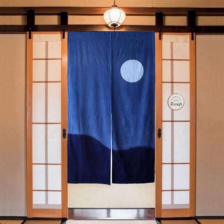Moonlit Night Shibori Noren Door Curtain, Tie-Dye Cotton Room Divider Hanging on Door