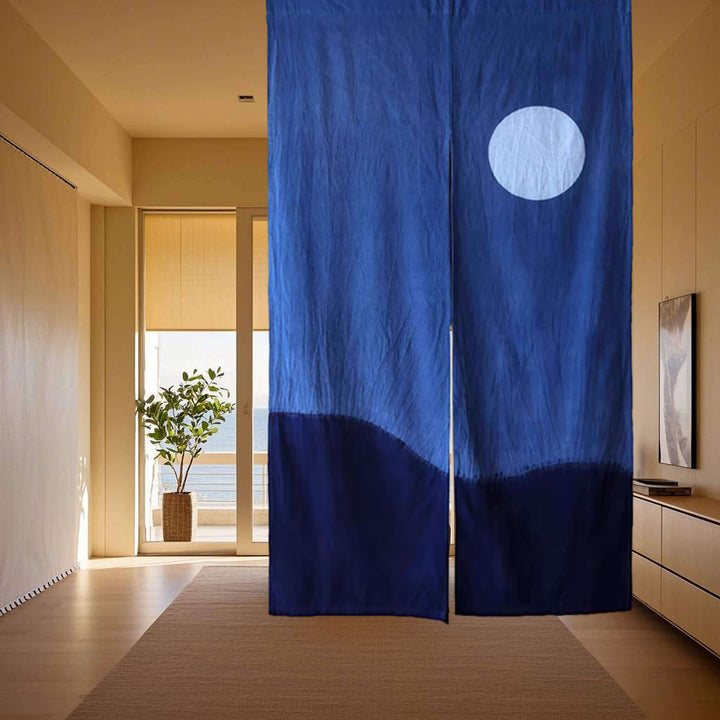 Japanese Shibori Door Curtain/Tie Dye Cotton Noren/Moonlit Night/33x59in, Hanging on Ceiling