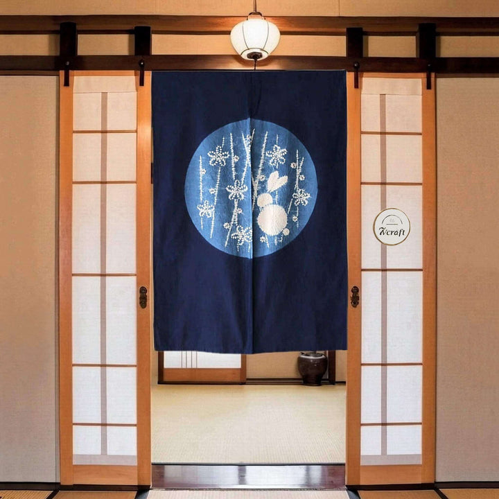 Japanese Shibori Tie-Dye Noren Door Curtain, Moon Rabbit, 33x49in, Hanging on Door