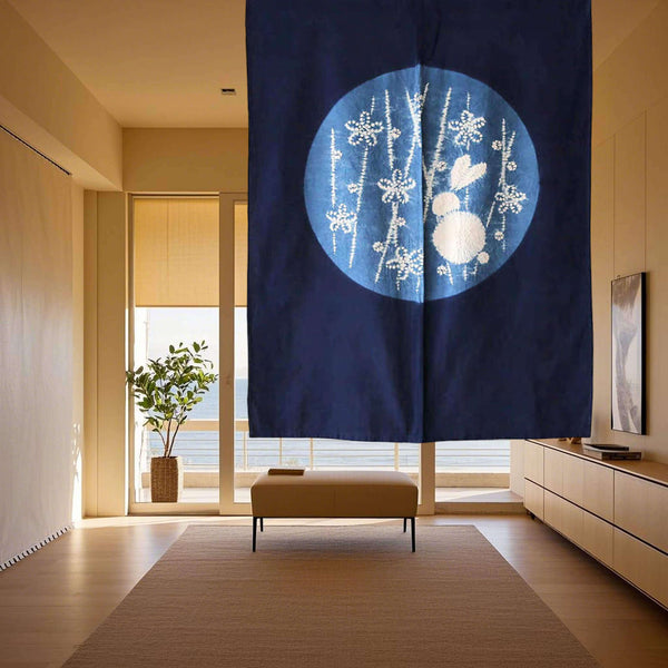 Japanese Shibori Tie-Dye Noren Door Curtain, Moon Rabbit, 33x49in, Hanging on Ceiling