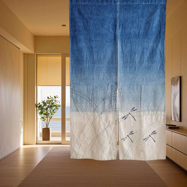 Japanese Shibori Noren Curtain with Sashiko Embroidery/Tie-Dye Cotton, Hanging on Ceiling