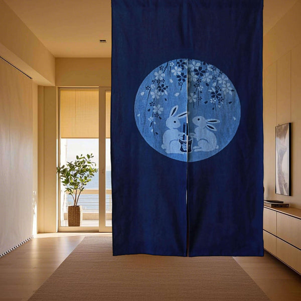 Shibori Cotton Noren Curtain/Room Divider/Moon Rabbits/33x59in, Hanging on Ceiling