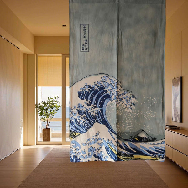 Japanese Shibori Cotton Noren Curtain / The Great Wave off Kanagawa, Hanging on Ceiling