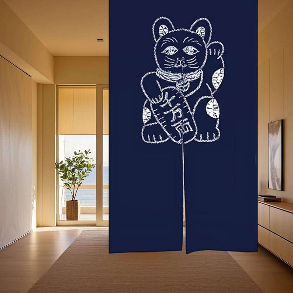 Japanese Maneki Neko (Lucky Cat) Cotton Noren/Tie-Dye Shibori Curtain, Hanging on Ceiling