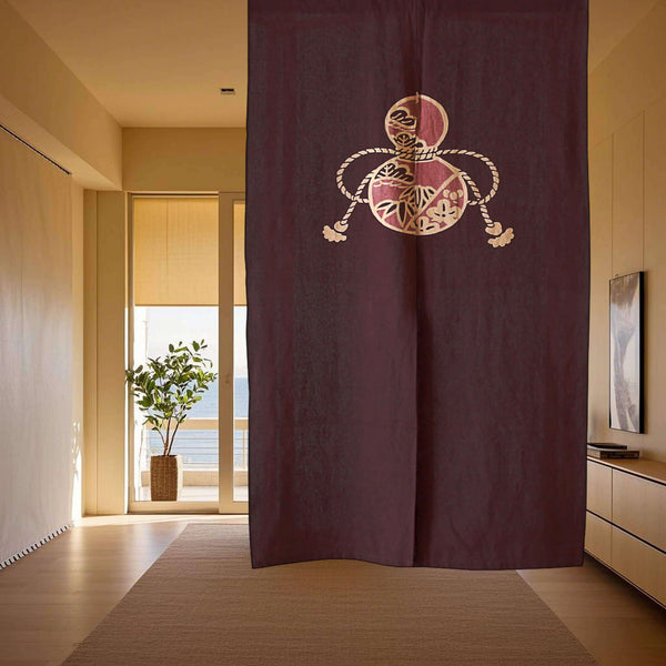 Japanese Shibori Brown Gourd Noren Curtain / Kakishibu Dyed Cotton, Hanging on Ceiling