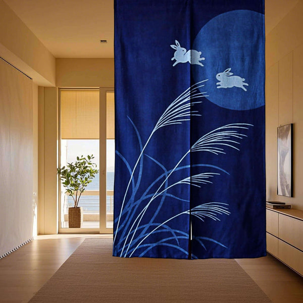 Shibori Tie-Dye Cotton Noren Door Curtain/Moon Rabbits/33x59in, Hanging on Ceiling