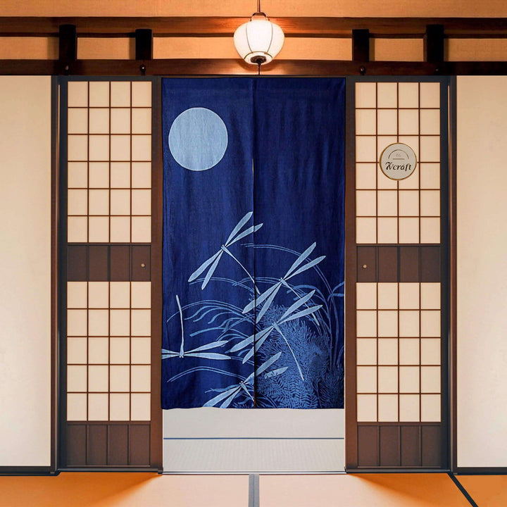 Handmade Tie-Dye Cotton Noren Door Curtain / Moonlit Dragonflies, Hanging on Shōji