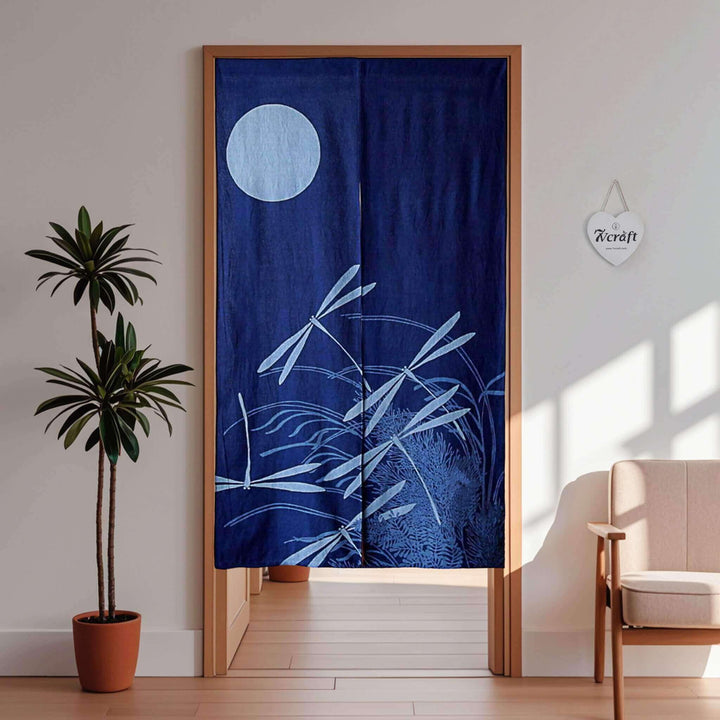 Handmade Tie-Dye Cotton Noren Door Curtain / Moonlit Dragonflies, Hanging on Door