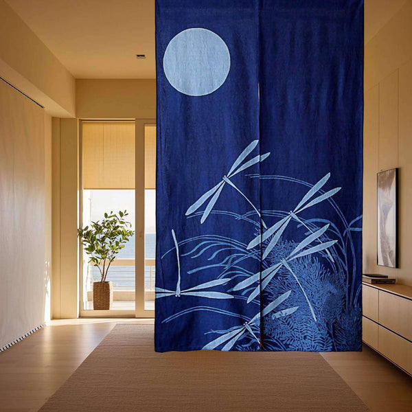 Handmade Tie-Dye Cotton Noren Door Curtain / Moonlit Dragonflies, Hanging on Ceiling 