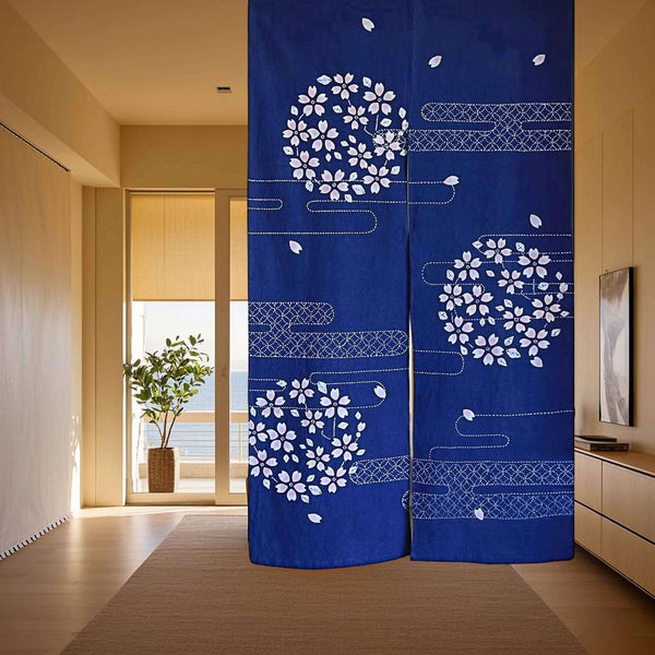 Cherry Blossom Indigo Tie-Dye Noren/Japanese Shibori Door Curtain/33x59in, Hanging on Ceiling