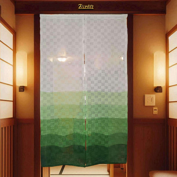 Natural Tie-Dye Green Noren / あさ Ramie Room Divider / 35x59in / Hanging on Door at Night