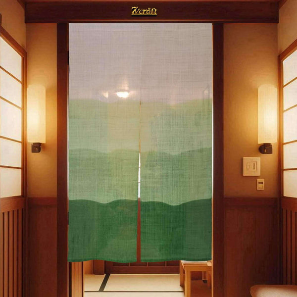 Natural Shibori Tie-Dye あさ Ramie Noren / Green Room Divider / 35x59in / Hanging on Door at Night