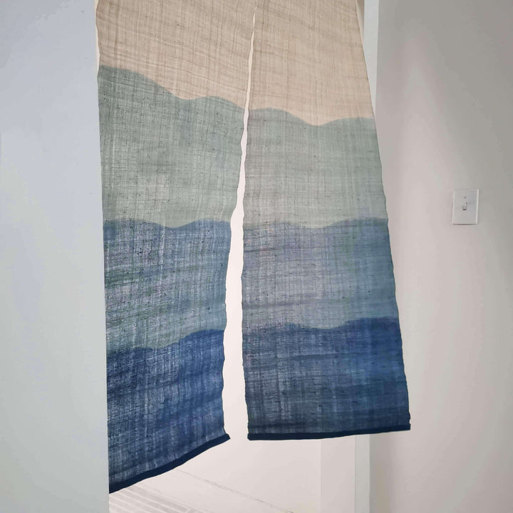 Japanese Tie-Dye Ramie あさ Noren Curtain/Mountains/33x59in, Hanging on Door