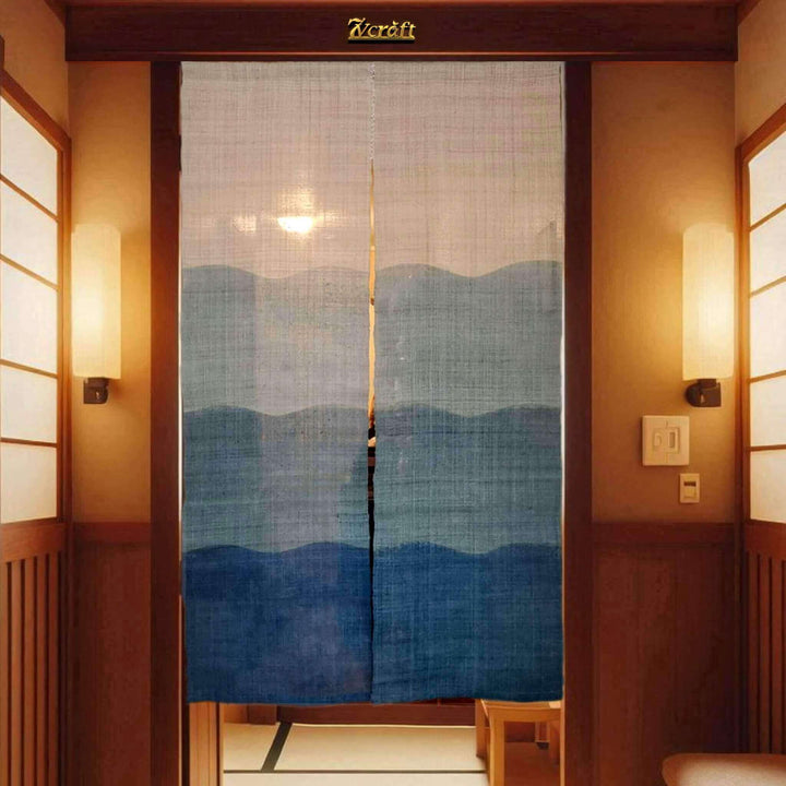 Japanese Tie-Dye Ramie あさ Noren Curtain/Room Divider/Mountains/33x59in, Hanging on Door